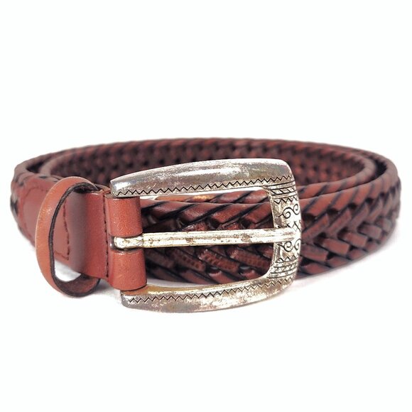 Vintage Unisex Woven Leather Belt Brown Silver Buckle 40.5" length size Large - Picture 1 of 7
